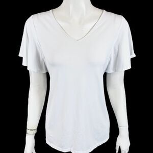 Susan Graver White V-Neck Flutter sleeve Top White Sz Med